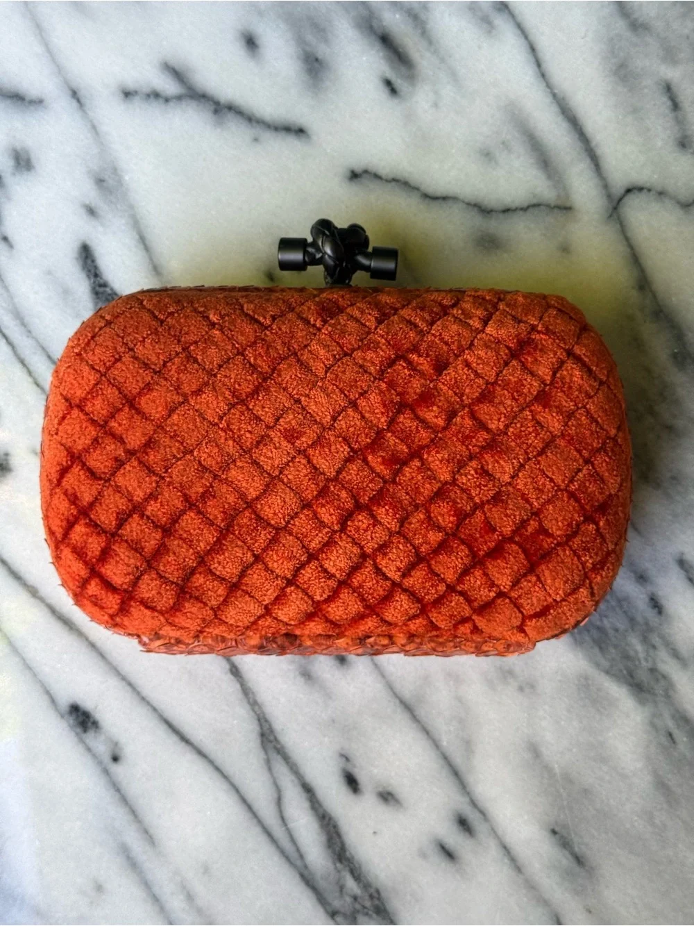 Bottega Veneta Orange Velvet Ayers Trim Knot Clutch with Python Trim NWOT